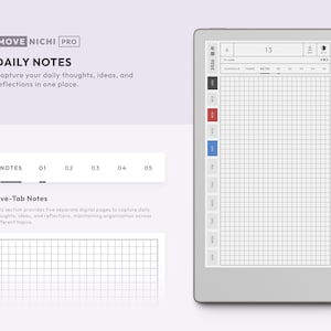 May include: A digital tablet displaying a Move Nichi Pro daily notes interface with a grid layout, date headers, and five-tab navigation. A black stylus is attached to the side of the light gray tablet, which features a clean, minimalist design for organizing daily thoughts and reflections.