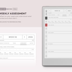 May include: A digital planner interface labeled MOVE NICHI PRO displaying a weekly assessment template for 2026. The screen shows a weekly effectiveness scale, daily tracking circles, and sections for weekly highlights, summaries, and key takeaways.