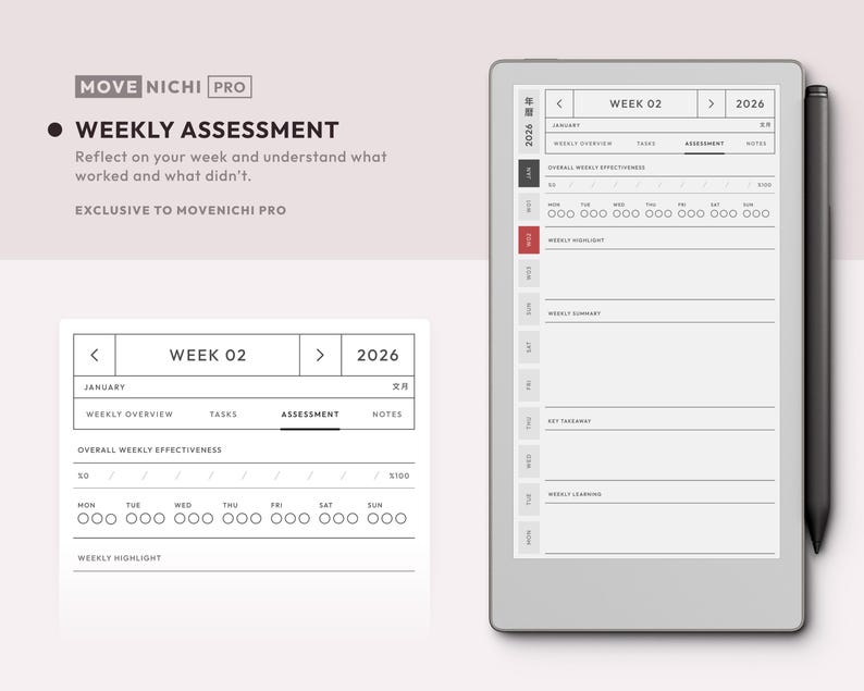 May include: A digital planner interface labeled MOVE NICHI PRO displaying a weekly assessment template for 2026. The screen shows a weekly effectiveness scale, daily tracking circles, and sections for weekly highlights, summaries, and key takeaways.