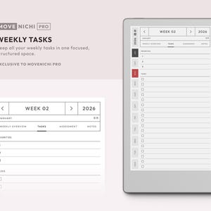 May include: A digital planner interface labeled MOVE NICHI PRO displaying a weekly task list for 2026. The screen shows a structured layout with sections for priorities and tasks, accompanied by a black stylus attached to the side of the device.