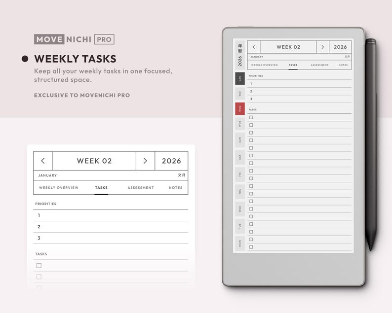May include: A digital planner interface labeled MOVE NICHI PRO displaying a weekly task list for 2026. The screen shows a structured layout with sections for priorities and tasks, accompanied by a black stylus attached to the side of the device.