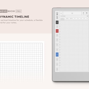 May include: A digital tablet displaying a dynamic timeline planner with a vertical schedule grid, a black stylus attached to the side, and text reading MOVE NICHI PRO DYNAMIC TIMELINE. A vertical timeline for your schedule, a flexible grid for your notes.