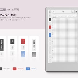 May include: A digital planner interface titled MOVE NICHI PRO featuring a grid-based daily schedule layout on a tablet screen with a stylus. The display shows navigation tabs for months, weeks, and days, with color-coded indicators for active dates.