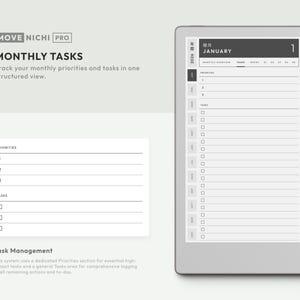 May include: A digital planner interface labeled MOVE NICHI PRO featuring a monthly task management layout. The screen displays a January calendar with sections for priorities and tasks, accompanied by a black stylus on the right side.