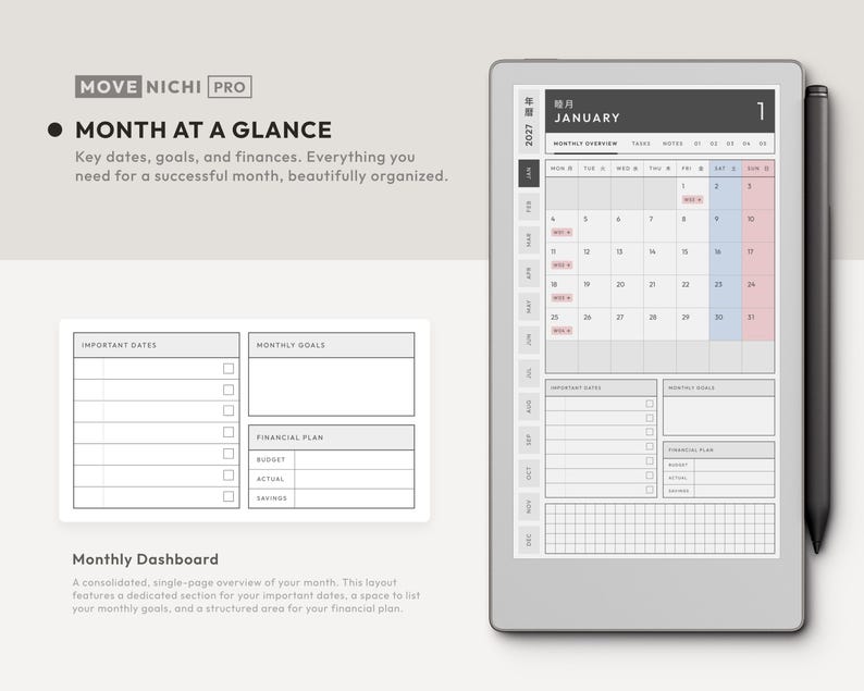 May include: A digital planner interface labeled MOVE NICHI PRO featuring a monthly calendar for January 2027, a monthly dashboard with sections for important dates, monthly goals, and a financial plan, accompanied by a black stylus pen on the side.