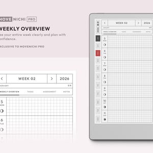 May include: A digital tablet displaying a 2026 weekly planner interface with a grid layout, labeled 'WEEK 02' and 'MOVE NICHI PRO'. The screen shows a calendar for January with days from Monday to Sunday, accompanied by a black stylus pen on the side.