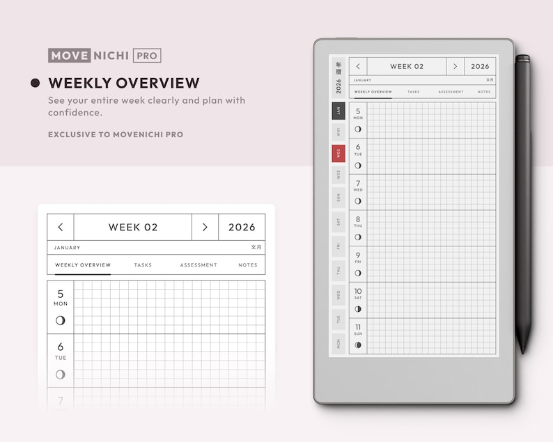May include: A digital tablet displaying a 2026 weekly planner interface with a grid layout, labeled 'WEEK 02' and 'MOVE NICHI PRO'. The screen shows a calendar for January with days from Monday to Sunday, accompanied by a black stylus pen on the side.