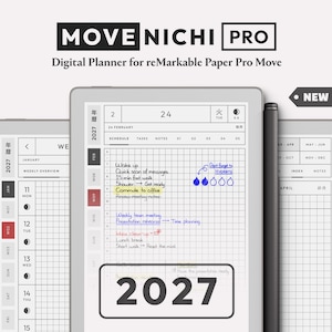 May include: A digital planner titled MOVE NICHI PRO for reMarkable Paper Pro Move, featuring a 2027 calendar interface with grid layouts, daily schedules, and handwritten notes in blue, yellow, and red ink on a gray tablet screen with a stylus.