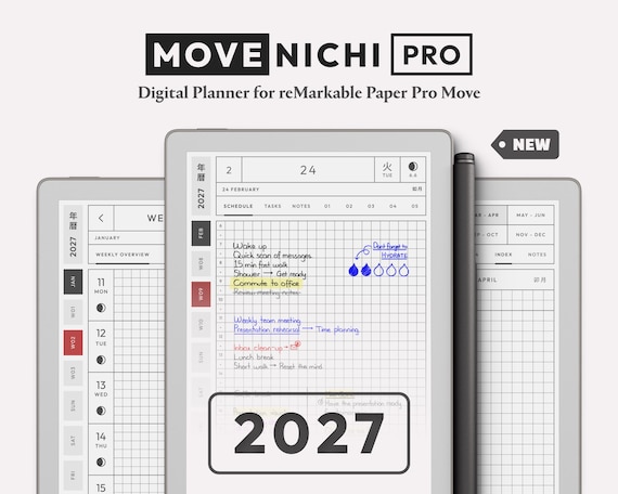 Digital Planner for reMarkable Paper Pro Move — Movenichi PRO 2027 | Hyperlinked Minimalist reMarkable Planner Template, Hobonichi Style