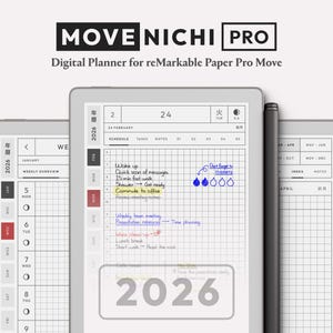 Puede incluir: Una agenda digital titulada MOVE NICHI PRO para reMarkable Paper Pro Move, que muestra una interfaz de calendario 2026 con diseños de cuadrícula, horarios diarios, listas de tareas y notas escritas a mano en tinta azul, amarilla y roja.