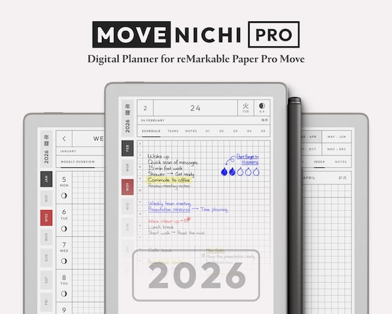 Digital Planner for reMarkable Paper Pro Move — Movenichi PRO 2026 | Hyperlinked Minimalist reMarkable Planner Template, Hobonichi Style
