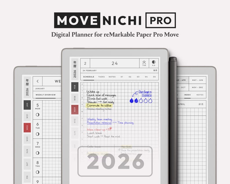 May include: A digital planner titled MOVE NICHI PRO for reMarkable Paper Pro Move, displaying a 2026 calendar interface with grid layouts, daily schedules, task lists, and handwritten notes in blue, yellow, and red ink on a tablet screen.