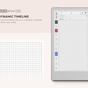 May include: A digital tablet displaying a Move Nichi Pro dynamic timeline planner interface with a vertical schedule grid, a black stylus attached to the side, and a separate view of the grid layout featuring numbered hours from 6 to 15.