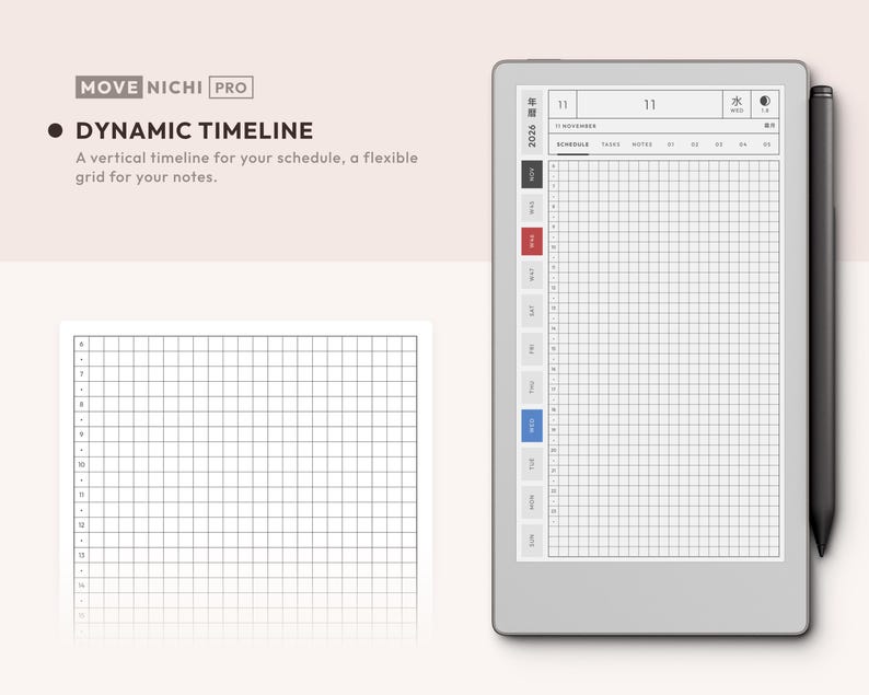 May include: A digital tablet displaying a Move Nichi Pro dynamic timeline planner interface with a vertical schedule grid, a black stylus attached to the side, and a separate view of the grid layout featuring numbered hours from 6 to 15.