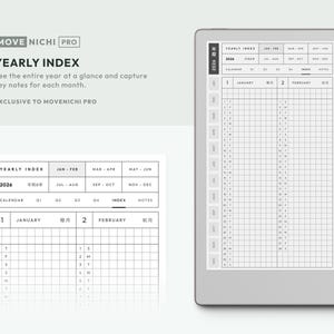 May include: A digital tablet displaying a 2026 yearly index planner page with a grid layout for January and February, featuring a black stylus attached to the side. The screen shows text including MOVE NICHI PRO, YEARLY INDEX, and calendar dates.