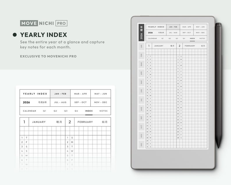 May include: A digital tablet displaying a 2026 yearly index planner page with a grid layout for January and February, featuring a black stylus attached to the side. The screen shows text including MOVE NICHI PRO, YEARLY INDEX, and calendar dates.