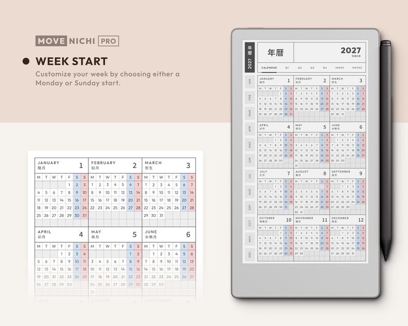 May include: A digital 2027 calendar planner labeled MOVE NICHI PRO with a week start customization option. The display shows a grid of months from January to December with a black stylus attached to the side of the tablet device.