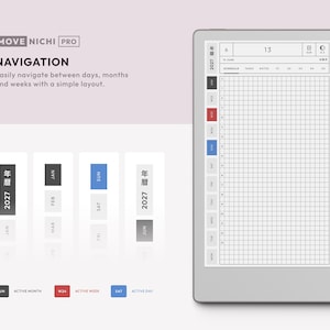 May include: A digital planner interface titled MOVE NICHI PRO displayed on a tablet with a stylus. The screen shows a grid-based daily schedule for June 13, 2027, with navigation tabs for years, months, weeks, and days in black, red, and blue.