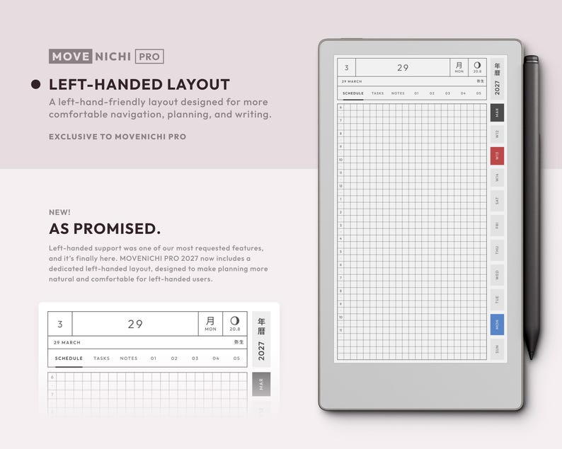 May include: A digital planner interface on a tablet screen with a stylus attached to the side. The screen displays a left-handed layout for the year 2027, featuring a grid schedule, date headers, and navigation tabs labeled in English and Japanese.