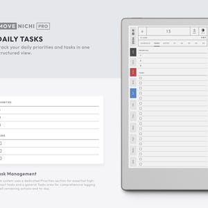 May include: A digital tablet displaying the MOVE NICHI PRO daily task planner interface with a black stylus attached to the side. The screen shows a structured layout with sections for priorities and tasks, including checkboxes, date headers, and navigation tabs.