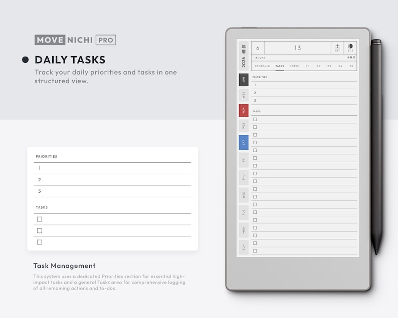 May include: A digital tablet displaying the MOVE NICHI PRO daily task planner interface with a black stylus attached to the side. The screen shows a structured layout with sections for priorities and tasks, including checkboxes, date headers, and navigation tabs.