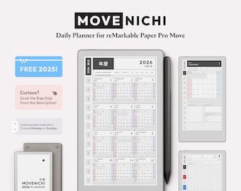 Movenichi Daily Planner for reMarkable Paper Pro Move | Minimalist reMarkable Planner Template, Hobonichi Style, 2025 & 2026, Hyperlinked