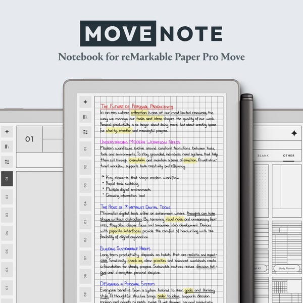 Notizbuch für reMarkable Paper Pro Move – Movenote | Digitales Notizbuch mit Hyperlinks, kariert, liniert, gepunktet, leer, Cornell-Planervorlagen
