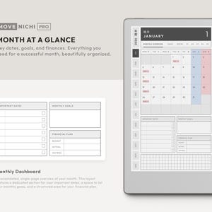 May include: A digital planner interface titled MOVE NICHI PRO featuring a monthly calendar for January 2026, a monthly dashboard with sections for important dates, monthly goals, and a financial plan, accompanied by a black stylus on the right side.