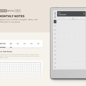 May include: A digital planner interface labeled MOVE NICHI PRO displaying a monthly notes page for January 2026. The screen features a grid layout, a sidebar with months, and a five-tab navigation system for organizing thoughts and ideas.