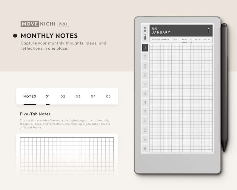 May include: A digital planner interface labeled MOVE NICHI PRO displaying a monthly notes page for January 2026. The screen features a grid layout, a sidebar with months, and a five-tab navigation system for organizing thoughts and ideas.