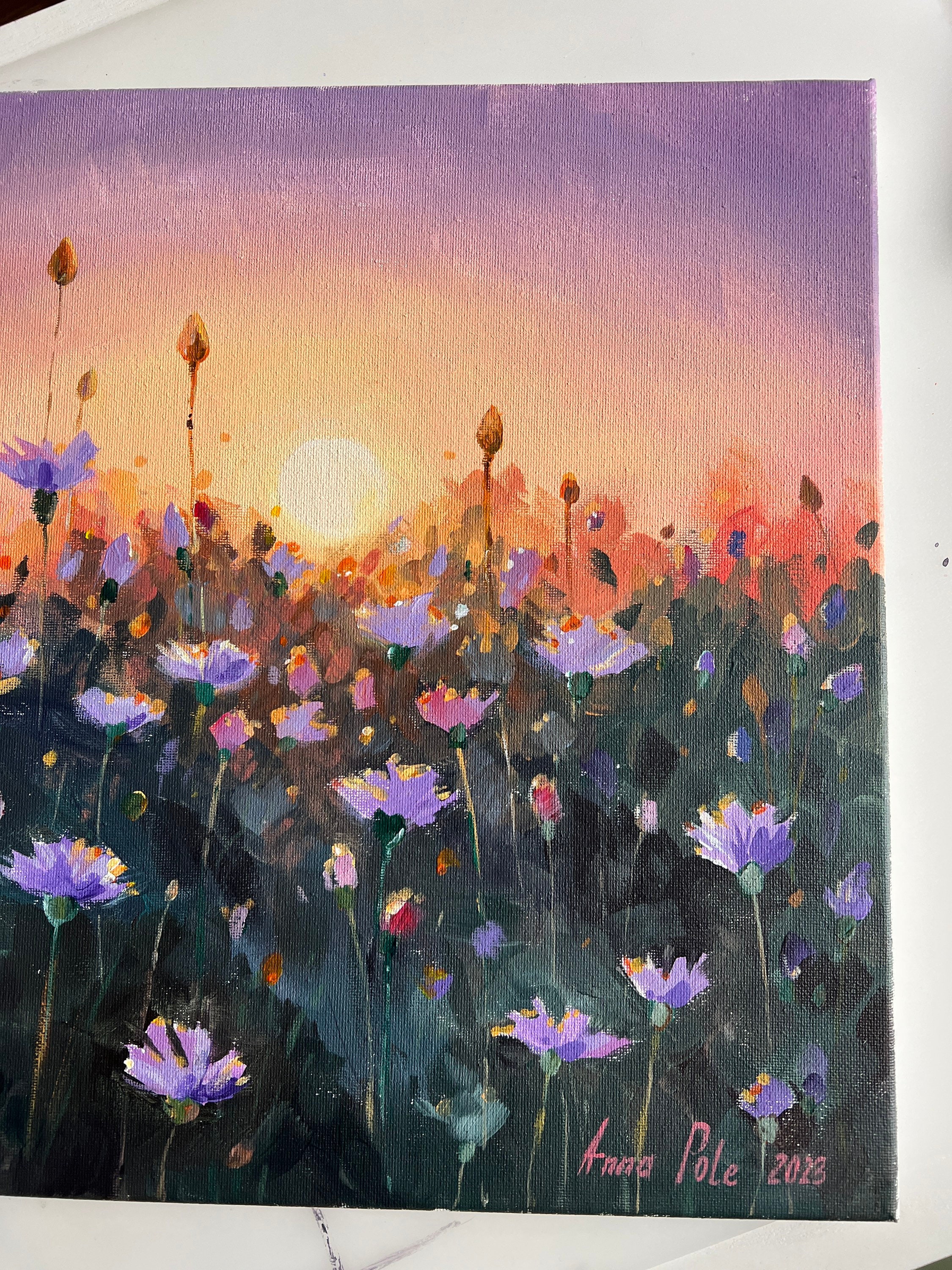 Original Sunset Wildflower Acrylic Painting - 14x14 - Etsy