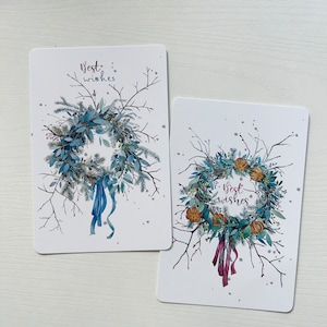 Best wishes Postcards with watercolor illustrations. Printed. Floral postcards, floral wreath winter mood