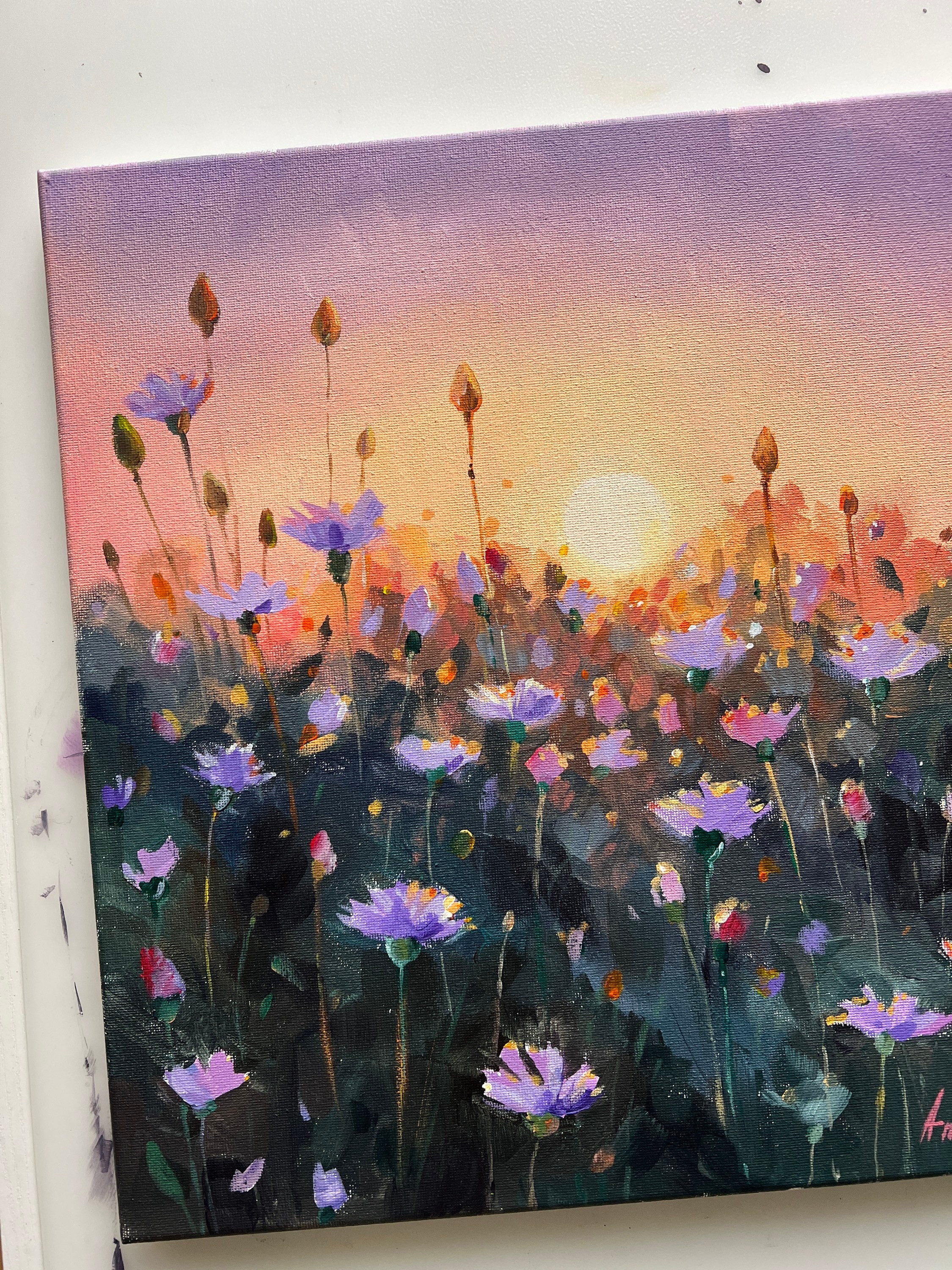 Original Sunset Wildflower Acrylic Painting - 14x14 - Etsy