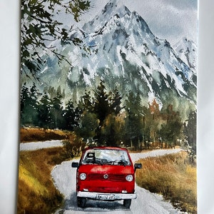 La furgoneta roja en las montañas, cartel impreso ilustración Amante del campamento Ir a las montañas, Buen rollo, Bosque, Ir salvaje cartel de camping