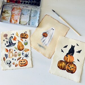ORYGINALNE ręcznie malowane pocztówki z ilustracjami akwarelowymi na Halloween. Jesienny nastrój, jesienne wibracje, czarny kot, upiorny