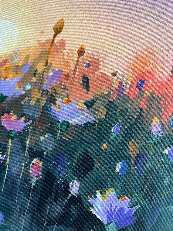Original Sunset Wildflower Acrylic Painting - 14x14 - Etsy