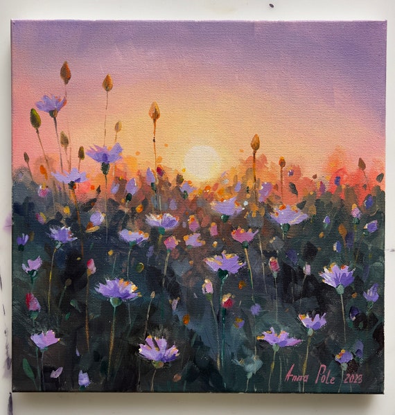 油絵 絵画 【Wild flowers】 Buy Original Sunset Wildflower Acrylic Painting - 14x14 Online in