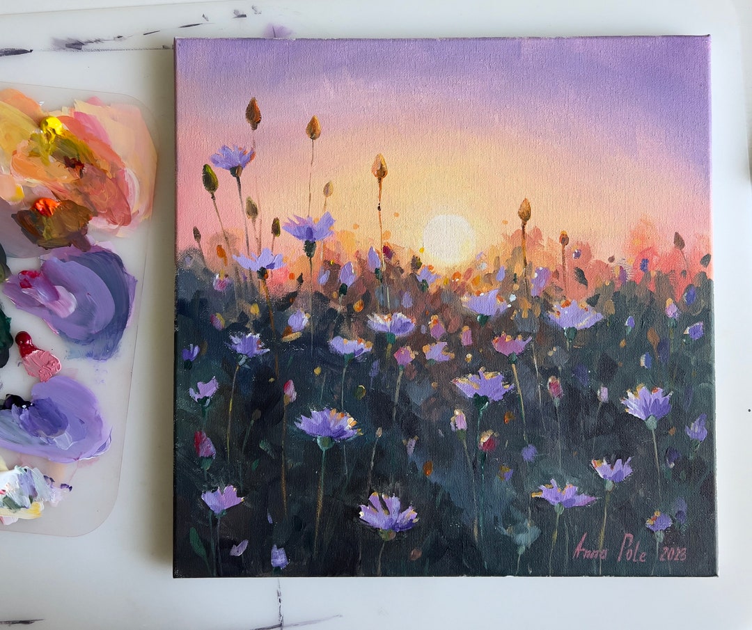Sky　アメリ　WATERCOLOR PAINT FLORAL Original Sunset Wildflower Acrylic Painting - 14x14 - Etsy
