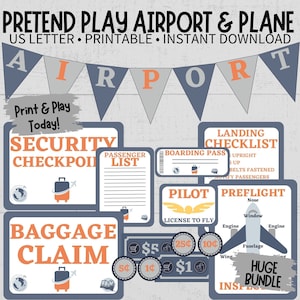 Pretend Play Airport Printable Bundle, Airplane Travel Dramatic Play Download, Toddler Preschool Classroom Homeschool Imagination Activity