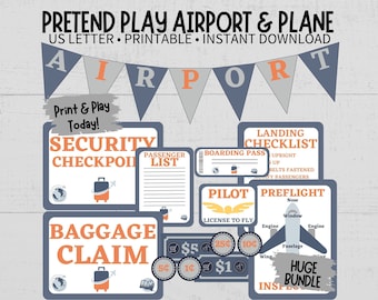 May include: A printable set of play pretend airport and airplane themed signs. The signs are in blue and orange with a white background. The signs include "Security Checkpoint", "Passenger List", "Boarding Pass", "Landing Checklist", "Pilot License to Fly", "Preflight", "Baggage Claim", and "Huge Bundle".