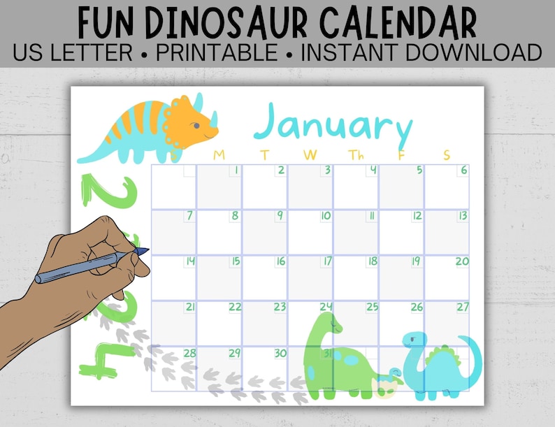 Printable Dinosaur Calendar May 2023 to December 2024 Blank Etsy