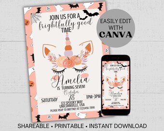 May include: Printable Halloween party invitation featuring a unicorn with a floral crown and pumpkins. The invitation is pink with black bats and ghosts. The text reads "Join us for a frightfully good time. Amelia is turning seven! Saturday, October 28, 1PM-3PM. 123 Spooky Way, Unicornville, USA. Please RSVP to Brittney at (123)456-7890."