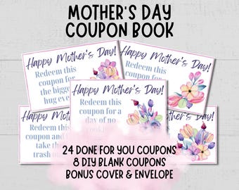Printable Mother's Day Coupon Book, DIY Gift for Mom from Kids or Toddler, Personalized Coupon Book Template, Last Minute Mother's Day Idea