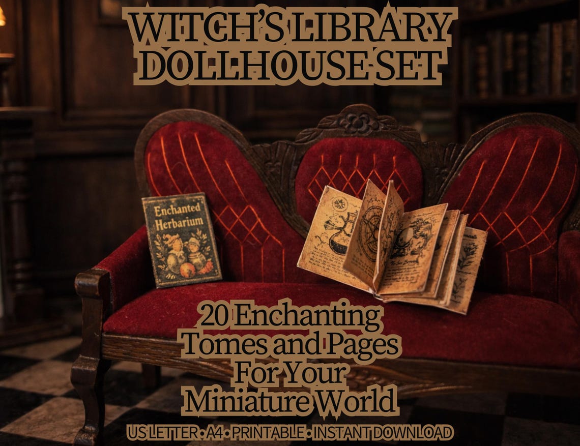 Printable Dollhouse Library Witch Books, Miniature Grimoire and Spell ...