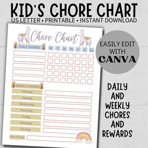 Editable Boho Llama Rainbow Chore Chart For Kids, Printable & Fillable Responsibility Tracker and Reward Chart with Name