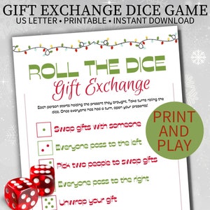 Printable Gift Exchange Game, Dirty Santa Rules, Christmas Dice Gift Activity, White Elephant Gift Exchange, Christmas Party Game