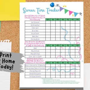 Printable and Editable Kid's & Teens Screen Time Tracker Chore Chart ...