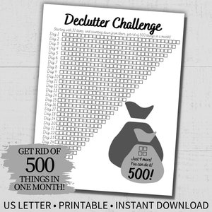 Printable Declutter Challenge Tracker, 31 Day Minimalist Challenge, Declutter 500 Items In One Month, Spring Cleaning Goals