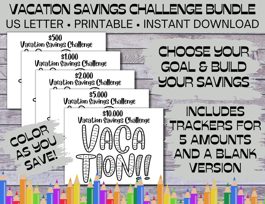 Printable Vacation Savings Tracker Bundle, Coloring Savings Tracker, Vacation Savings Challenge ...