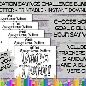 May include: A printable vacation savings challenge bundle with five different goal amounts: £500, £1,000, £2,000, £5,000, and £10,000. The bundle also includes a blank version. The image shows a colour-in design of a vacation savings tracker with the word "VACATION" written in large letters.